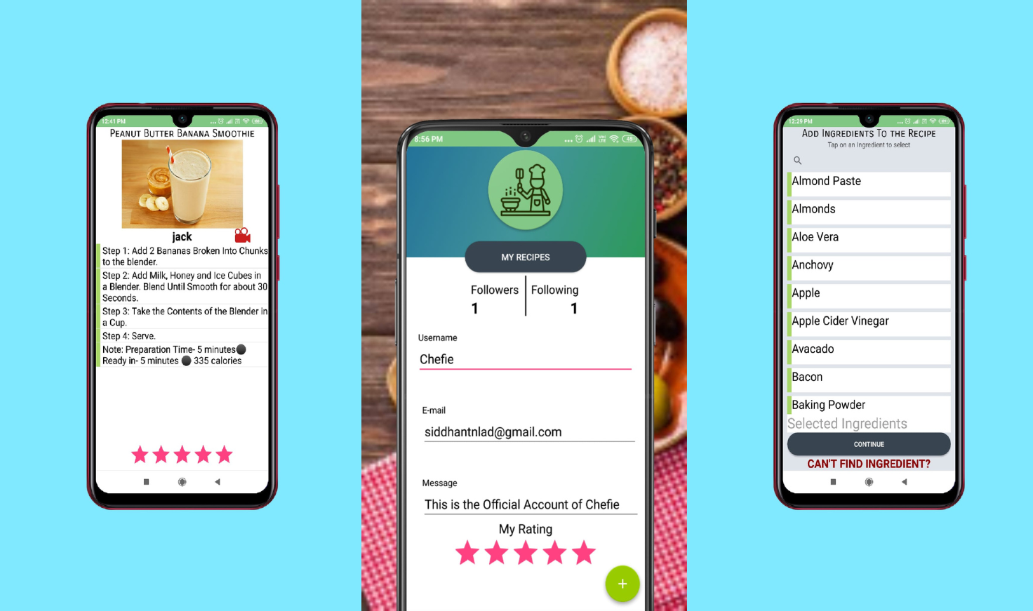 An Android app showing recipe suggestions based on selected ingredients