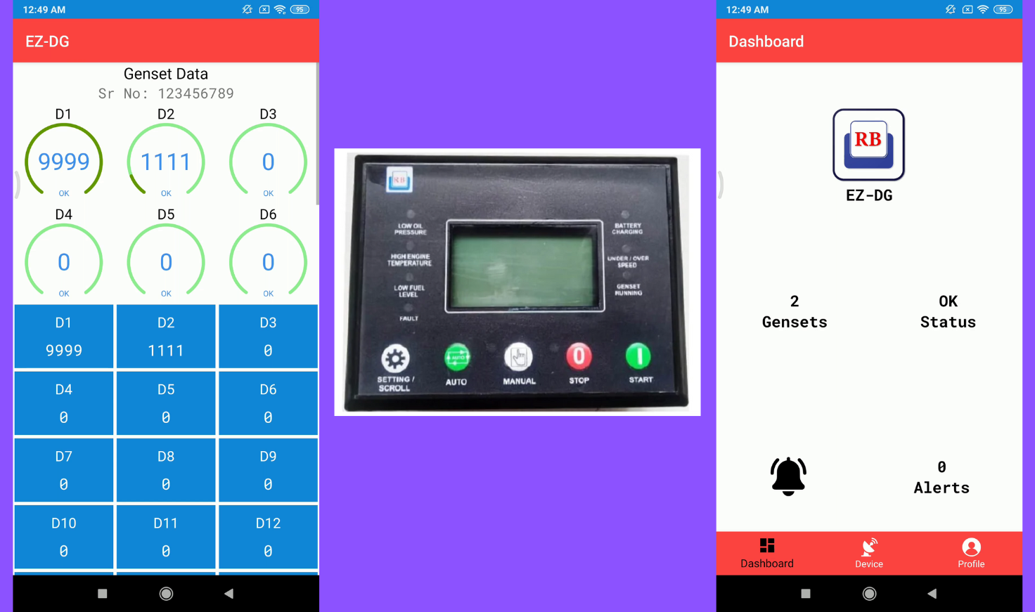 A monitoring dashboard showing real-time generator metrics from GSM data