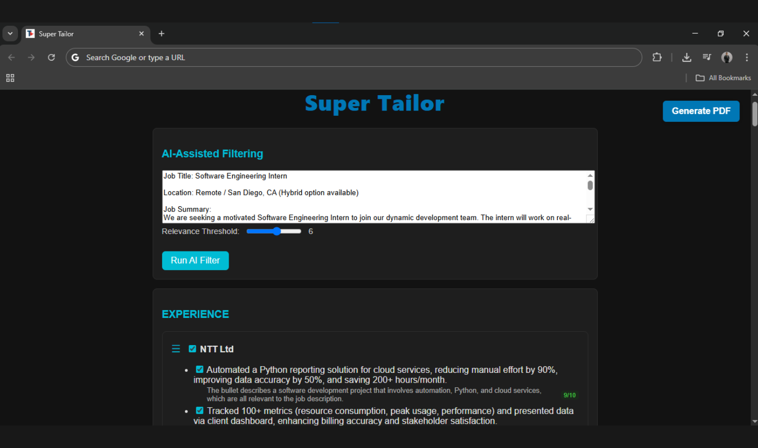 A dashboard showcasing AI-assisted resume tailoring workflows