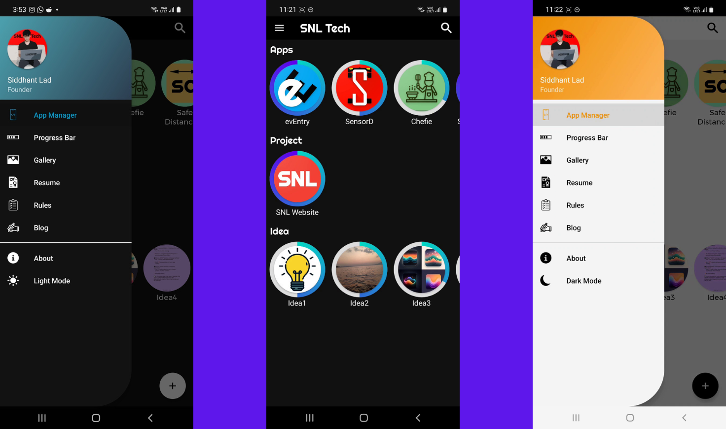 A custom workspace app dashboard with project management, media gallery, and blog editor